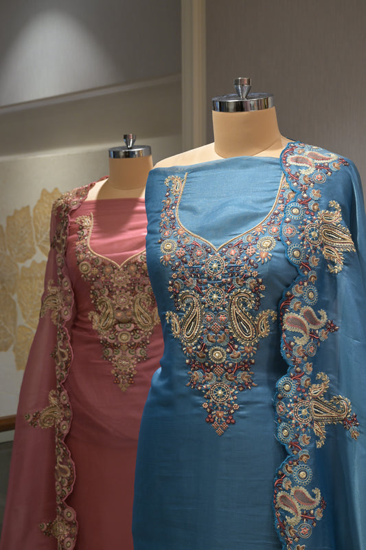 Pure Organza Suit Set with Thread Work, Crepe Bottom & Heavy Border Dupatta