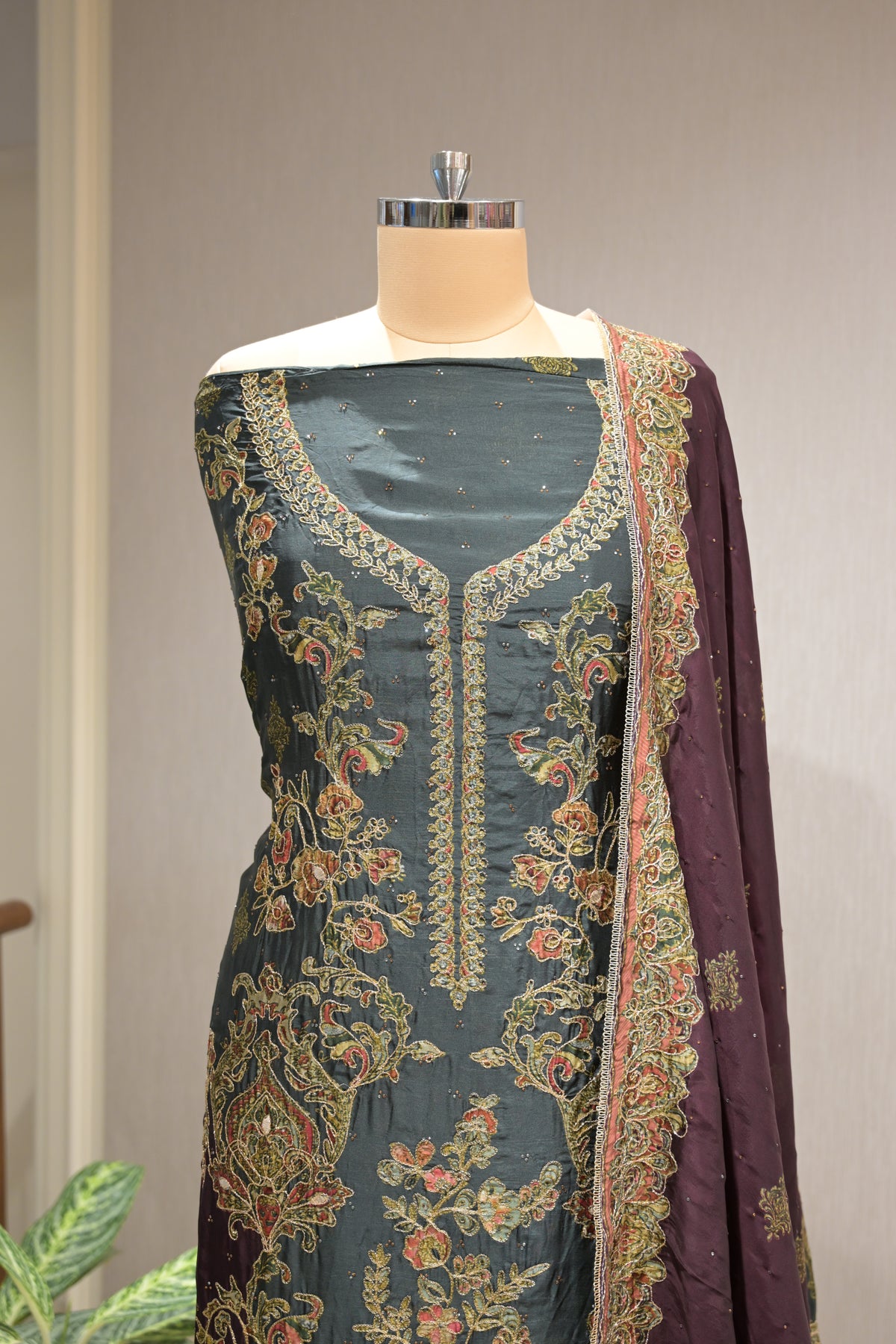 Pakistani Printed Tabby Silk Suit Set with Matching Tabby Silk Dupatta