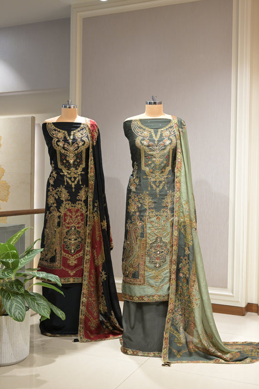 Pakistani Printed Tabby Silk Suit Set with Matching Tabby Silk Dupatta