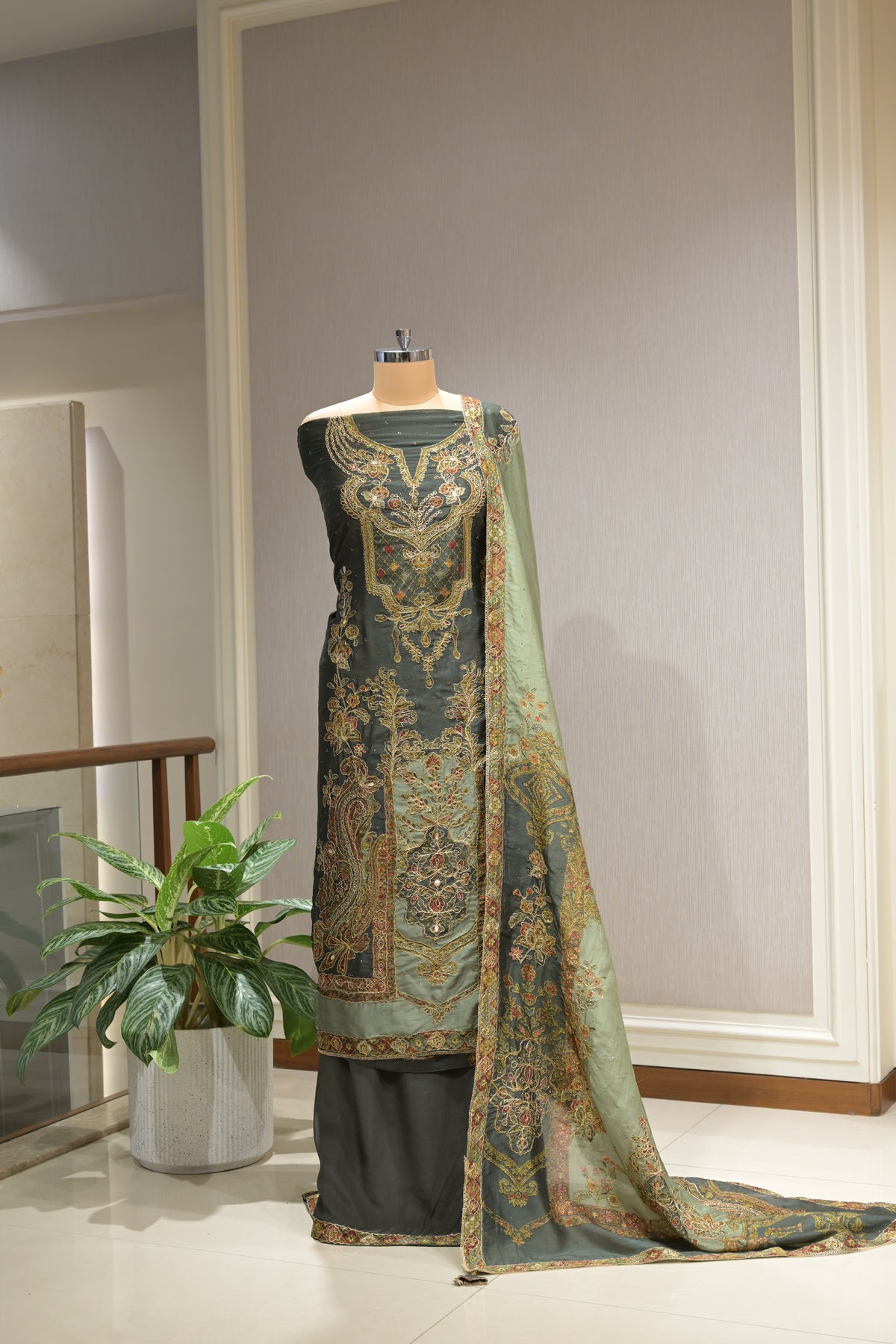 Pakistani Printed Tabby Silk Suit Set with Matching Tabby Silk Dupatta