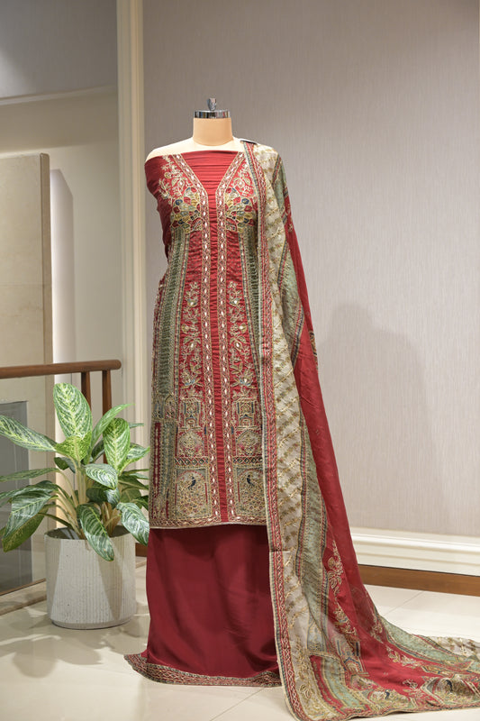 Pakistani Printed Tabby Silk Suit Set with Matching Tabby Silk Dupatta