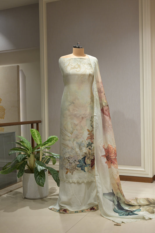 Elegant Printed Organza Suit Set with Silk Bottom & Highlighted Organza Dupatta