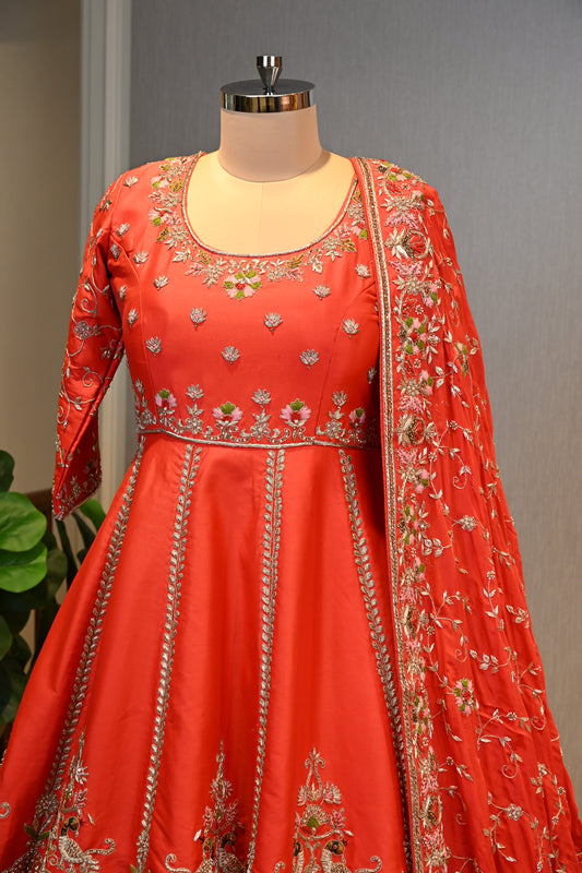 Orange Embroidered Anarkali Lehenga Set with Heavy Jaal Dupatta