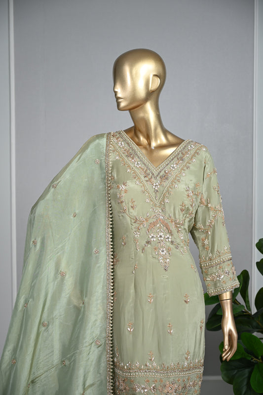Light Pista Farsi Silk Suit with Zari & Sequin Embroidery