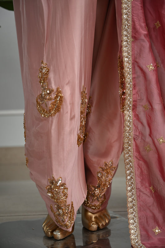 Dust Rose Farsi Silk Suit with Zari & Pearl Embellishment