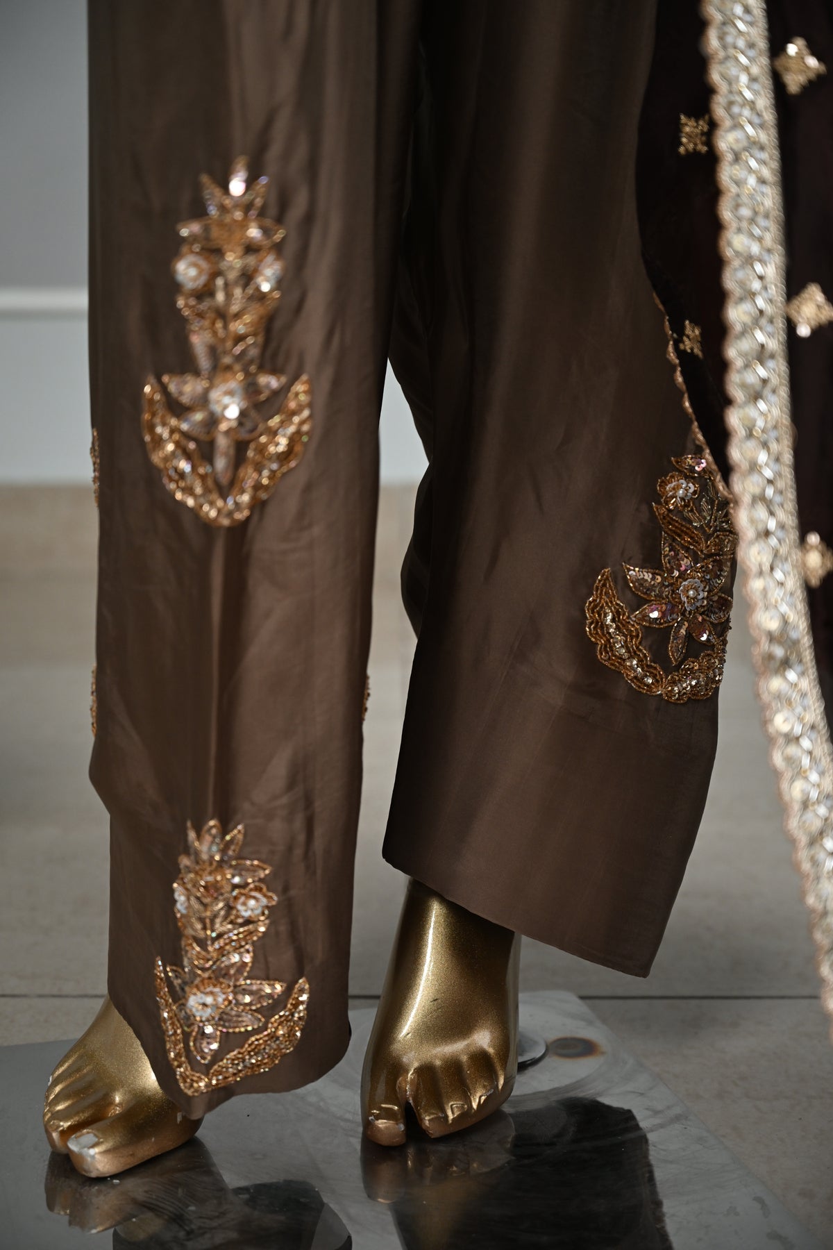 Chocolate Brown Farsi Silk Suit with Zari & Pearl Embellishment