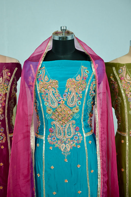Hand-Embroidered Tabby Silk Luxury Unstitched Suit Collection