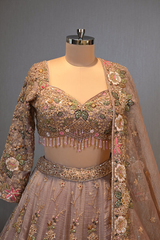 Crafted In Luxurious Tissue Rose Pink Lehenga Set
