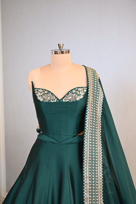 Bottle Green Silk Lehenga Choli with Sequence, Dori & Tilla Work