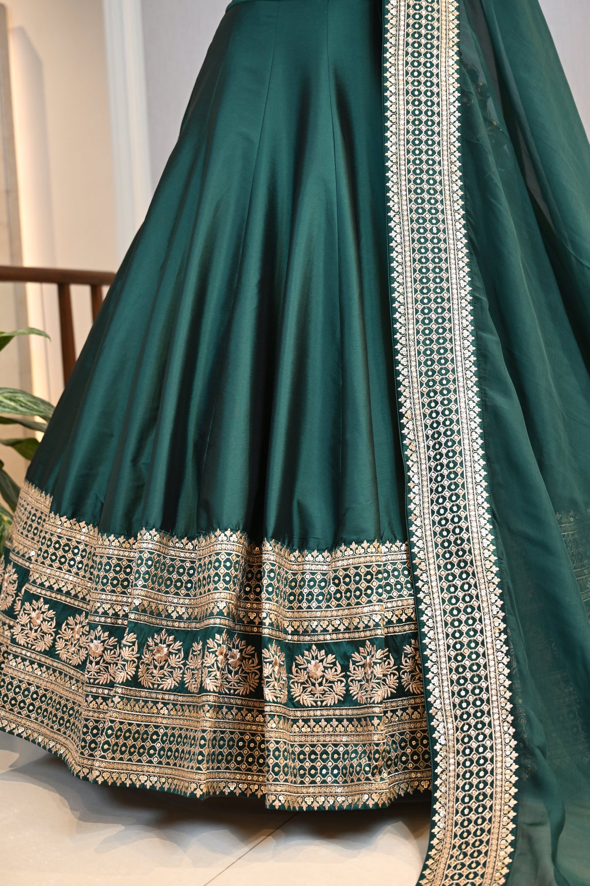 Bottle Green Silk Lehenga Choli with Sequence, Dori & Tilla Work