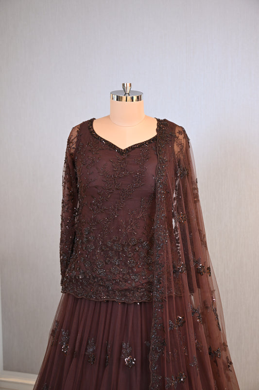 Elegant Brown Net Lehenga Choli with Tone-to-Tone Sequin Work