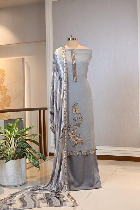Organza Hand-Embroidered Suit Set with Printed Chinon Dupatta