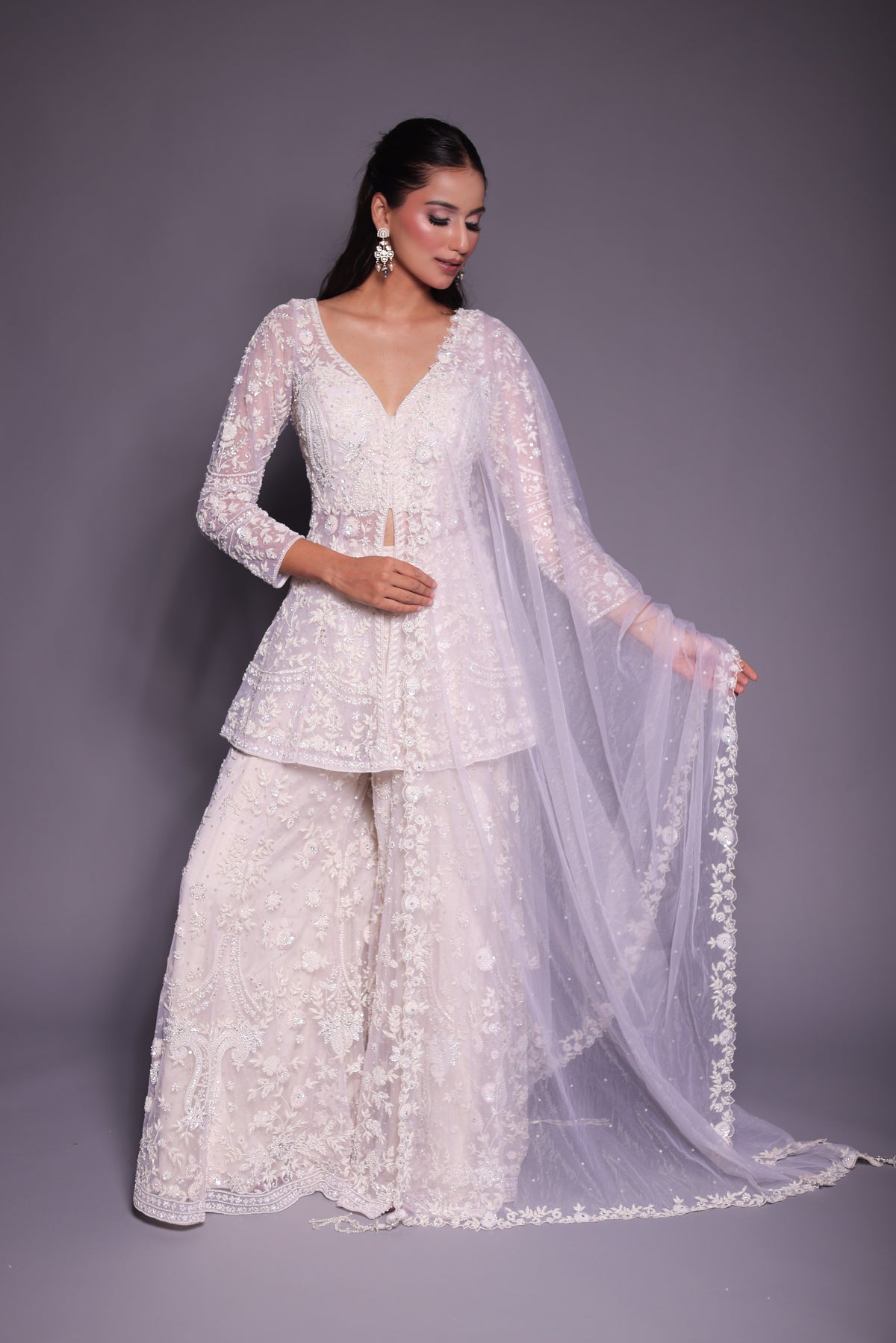 Ivory Net Floral Embroidered Sharara Set