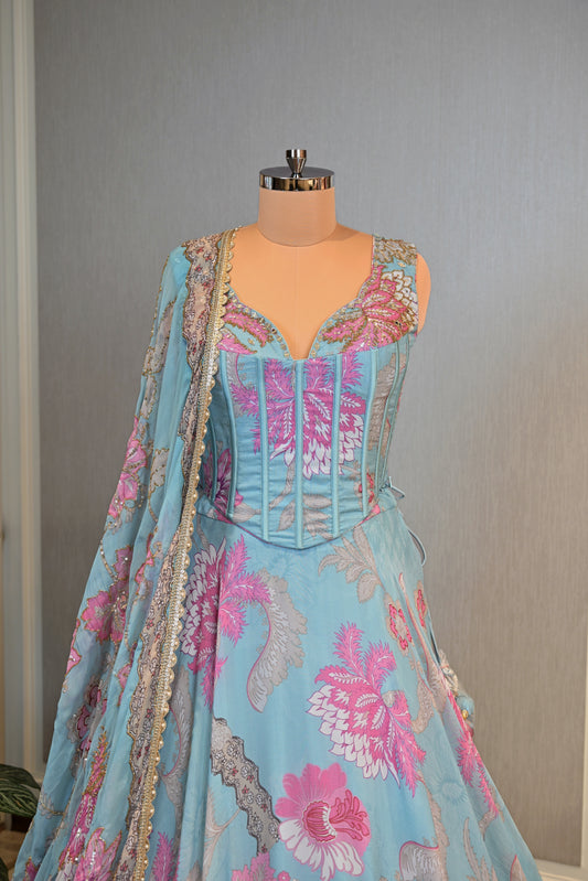 Sky Blue Georgette Printed Embellished lehenga Set