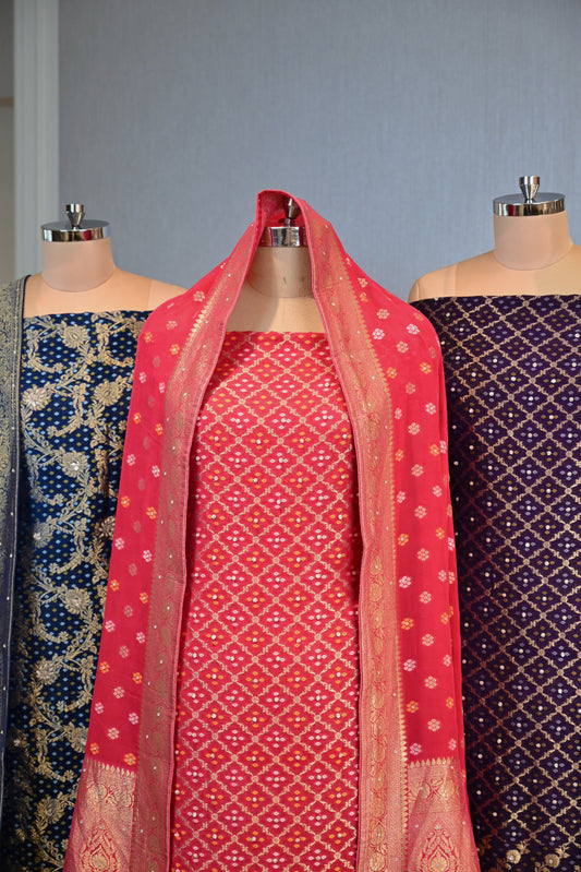 Georgette Banarsi Hand-Embroidered Unstitched Suit