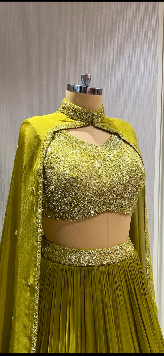 Contemporary Sequined Cape Lehenga Set in Olive Yellow-Green