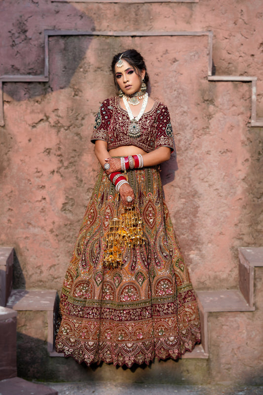 Regal Maroon Bridal Lehenga, Micro Velvet with Embellishments