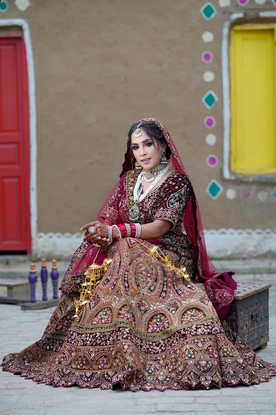 Regal Maroon Bridal Lehenga, Micro Velvet with Embellishments