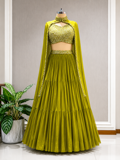 Contemporary Sequined Cape Lehenga Set in Olive Yellow-Green