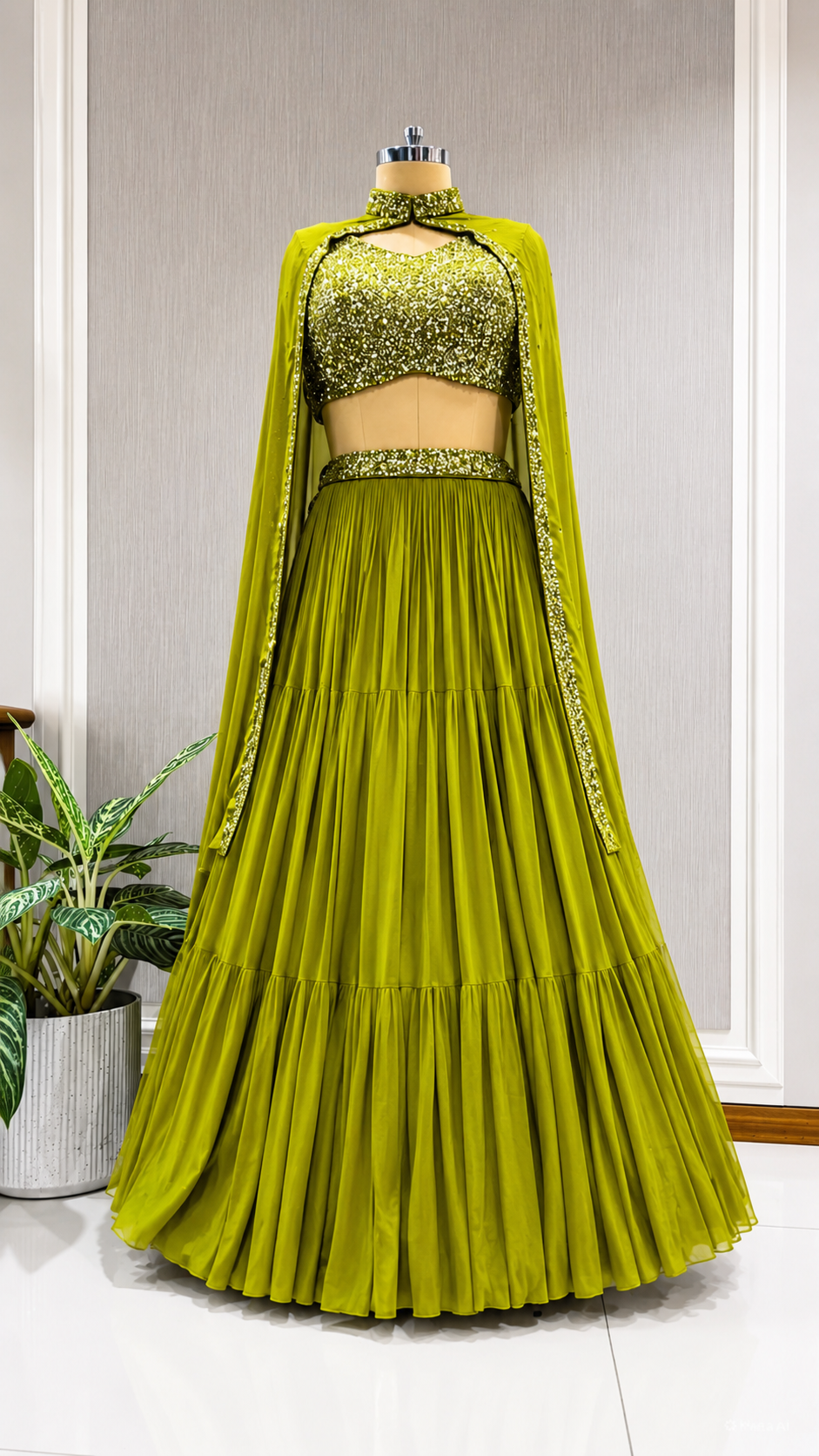 Contemporary Sequined Cape Lehenga Set in Olive Yellow-Green