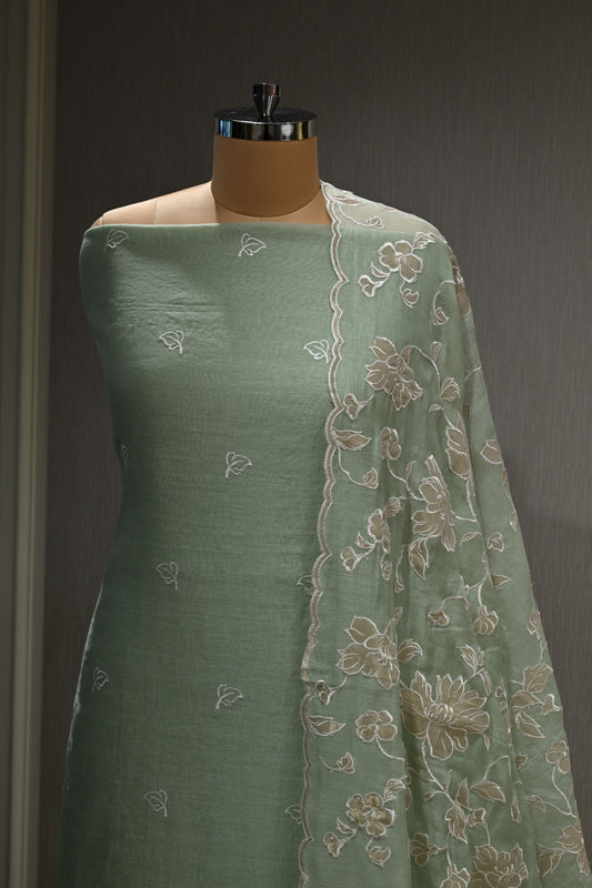 Pure Malmal Cotton Suit Set with Crepe Bottom & Four-Side Cutwork Dupatta