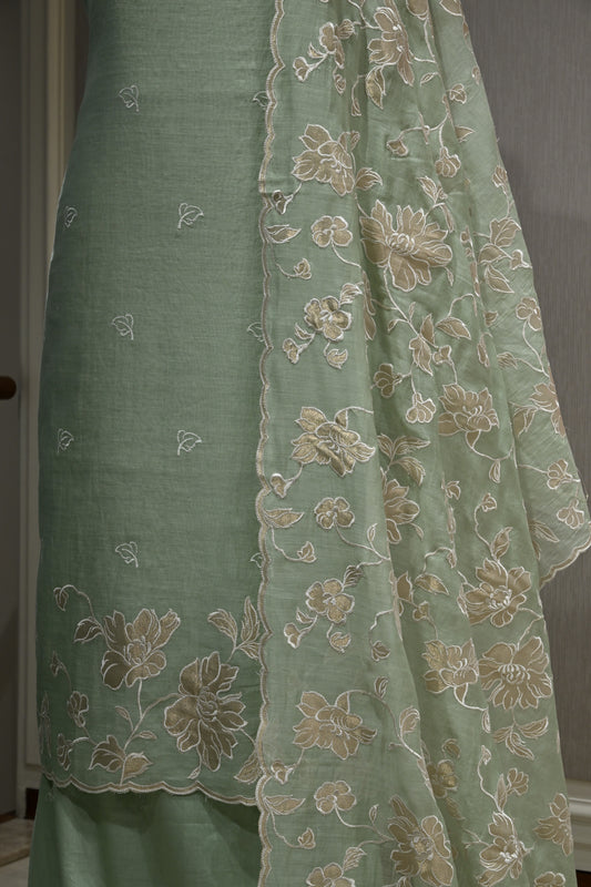 Pure Malmal Cotton Suit Set with Crepe Bottom & Four-Side Cutwork Dupatta