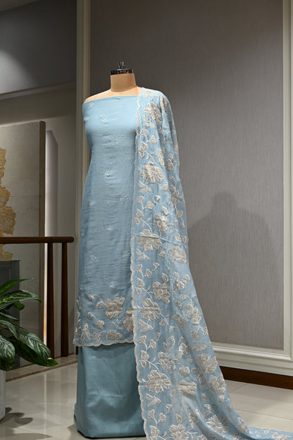 Pure Malmal Cotton Suit Set with Crepe Bottom & Four-Side Cutwork Dupatta