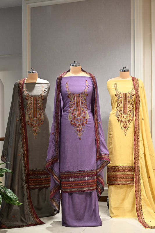 Pure Malmal Cotton Suit Set with Thread , Crepe Bottom & Matching Dupatta