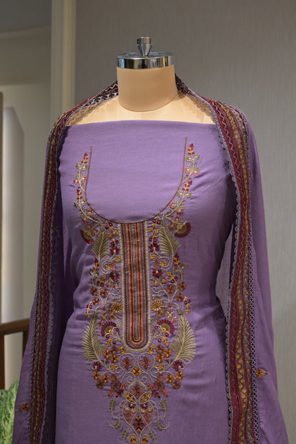Pure Malmal Cotton Suit Set with Thread , Crepe Bottom & Matching Dupatta