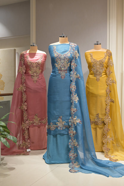 Pure Organza Suit Set with Thread Work, Crepe Bottom &  Heavy Border Dupatta