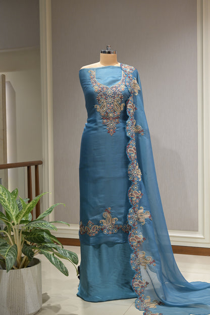Pure Organza Suit Set with Thread Work, Crepe Bottom &  Heavy Border Dupatta