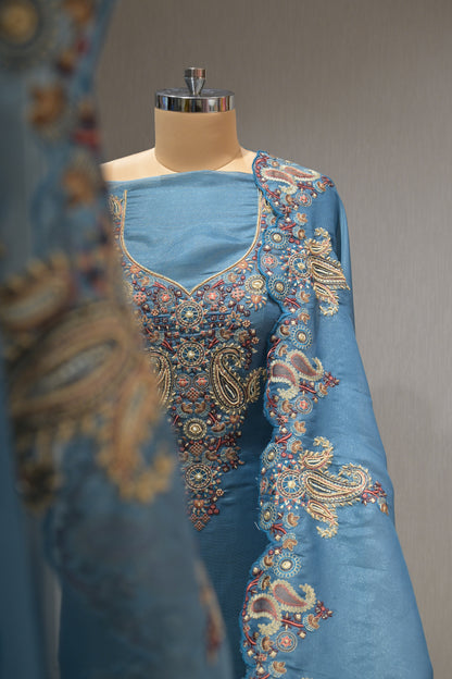 Pure Organza Suit Set with Thread Work, Crepe Bottom &  Heavy Border Dupatta