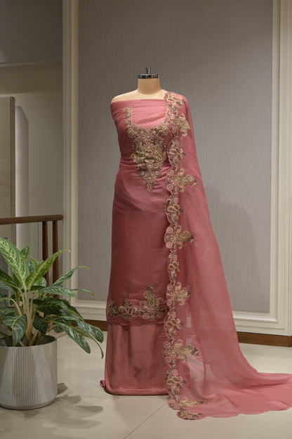 Pure Organza Suit Set with Thread Work, Crepe Bottom &  Heavy Border Dupatta