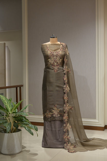 Pure Organza Suit Set with Thread Work, Crepe Bottom &  Heavy Border Dupatta