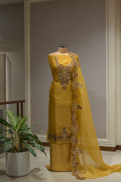 Pure Organza Suit Set with Thread Work, Crepe Bottom &  Heavy Border Dupatta