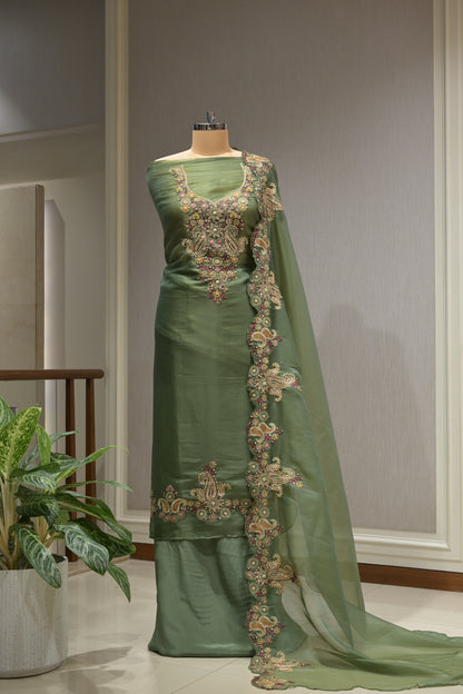 Pure Organza Suit Set with Thread Work, Crepe Bottom &  Heavy Border Dupatta