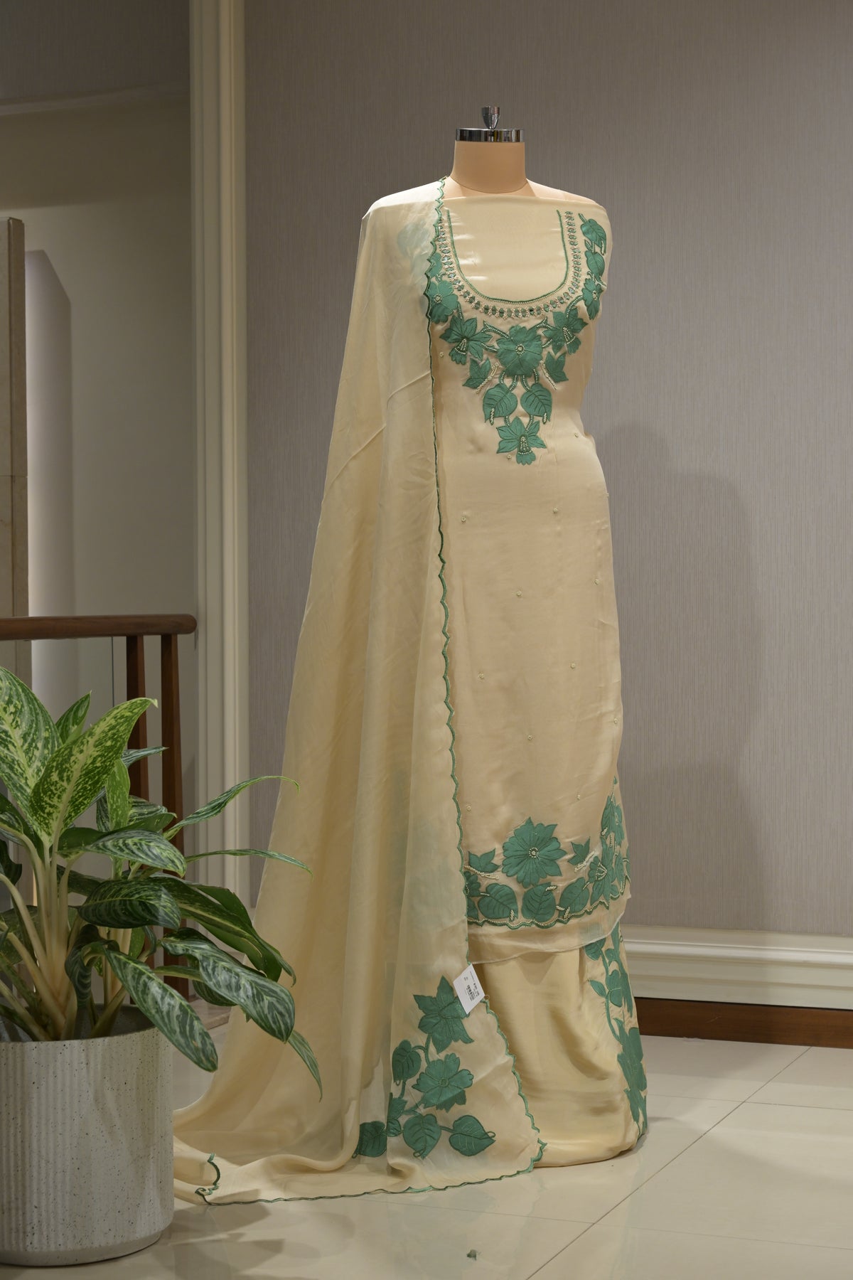Burberry Fabric Suit Set with Patchwork, Crepe Bottom & Cutwork Dupatta