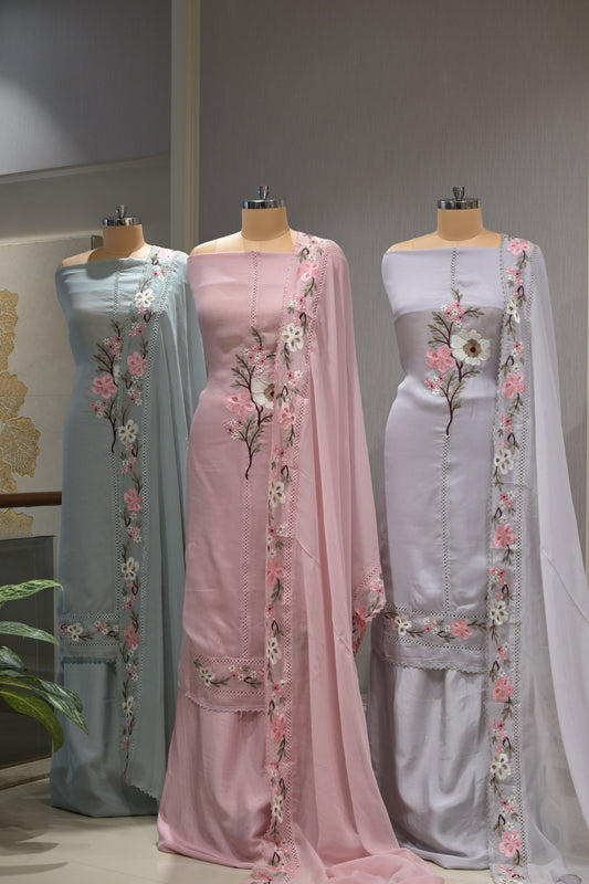 Premium Organza Embroidered Suit Set with Matching Dupatta with Thread Embrodery