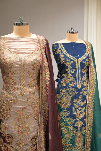 Pakistani Printed Tabby Silk Suit Set with Matching  Tabby Silk Dupatta