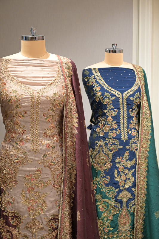 Pakistani Printed Tabby Silk Suit Set with Matching  Tabby Silk Dupatta