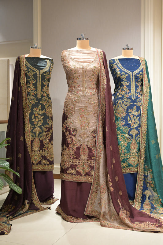 Pakistani Printed Tabby Silk Suit Set with Matching  Tabby Silk Dupatta