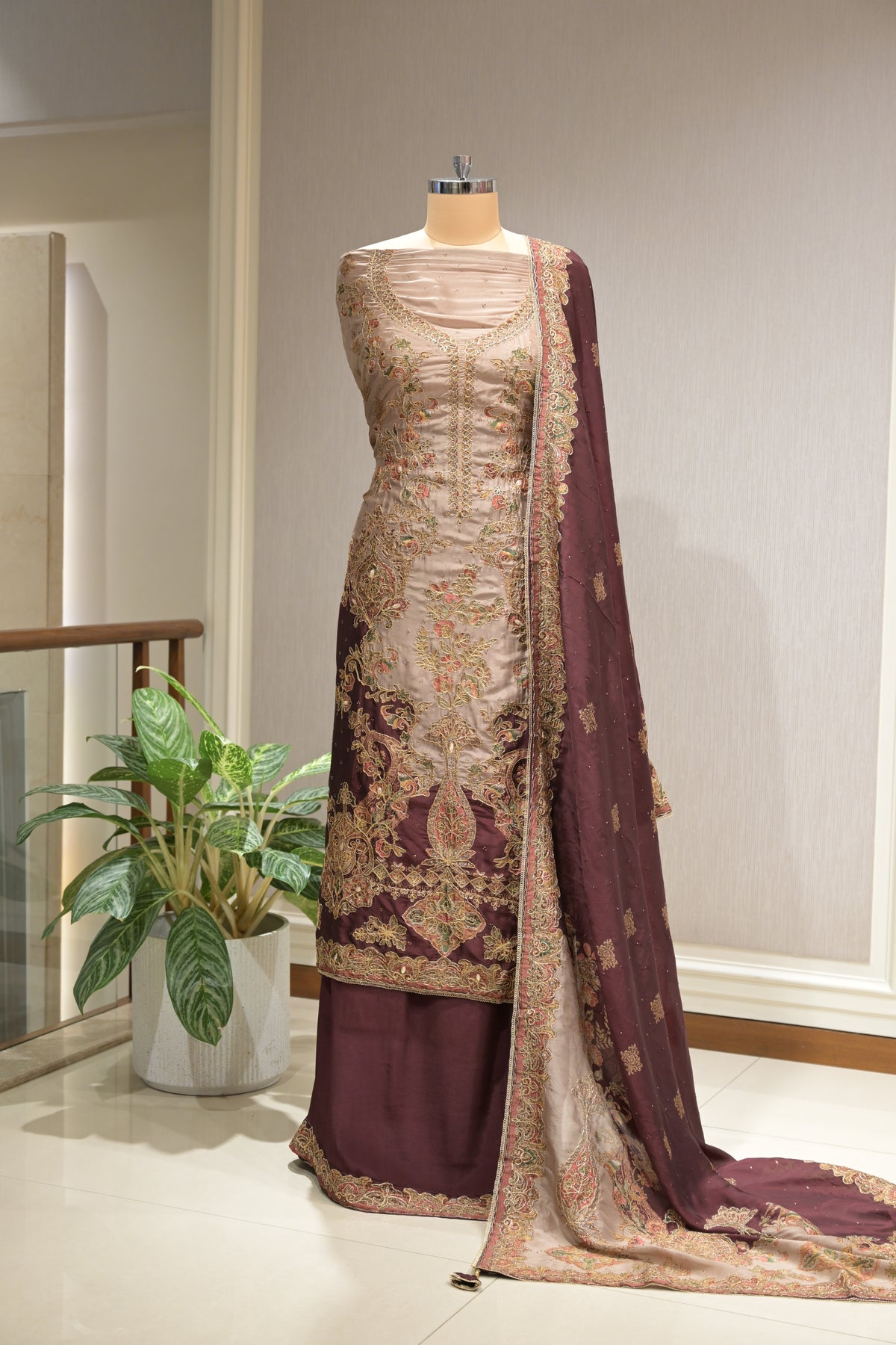 Pakistani Printed Tabby Silk Suit Set with Matching  Tabby Silk Dupatta