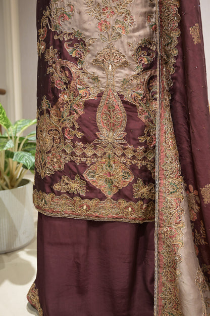 Pakistani Printed Tabby Silk Suit Set with Matching  Tabby Silk Dupatta