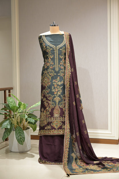 Pakistani Printed Tabby Silk Suit Set with Matching  Tabby Silk Dupatta