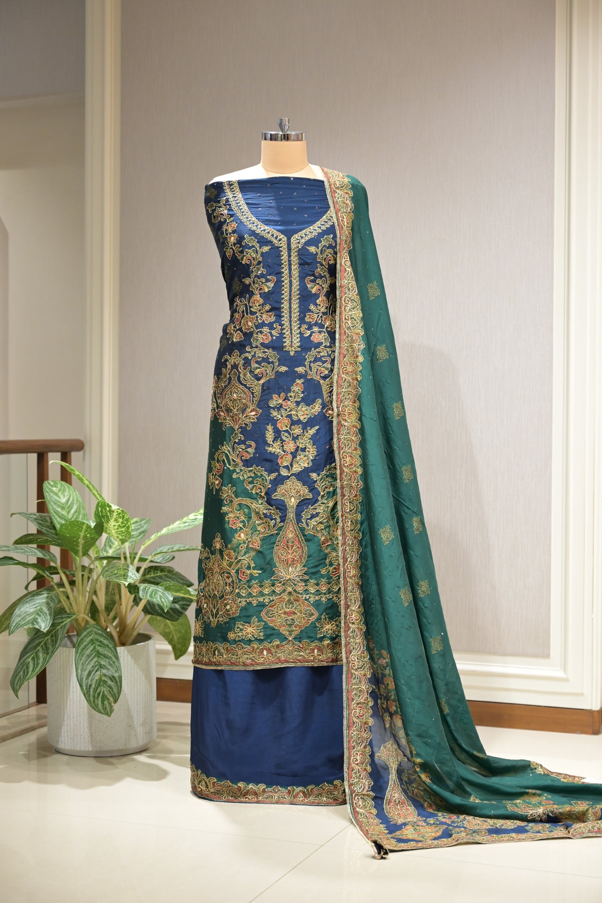 Pakistani Printed Tabby Silk Suit Set with Matching  Tabby Silk Dupatta