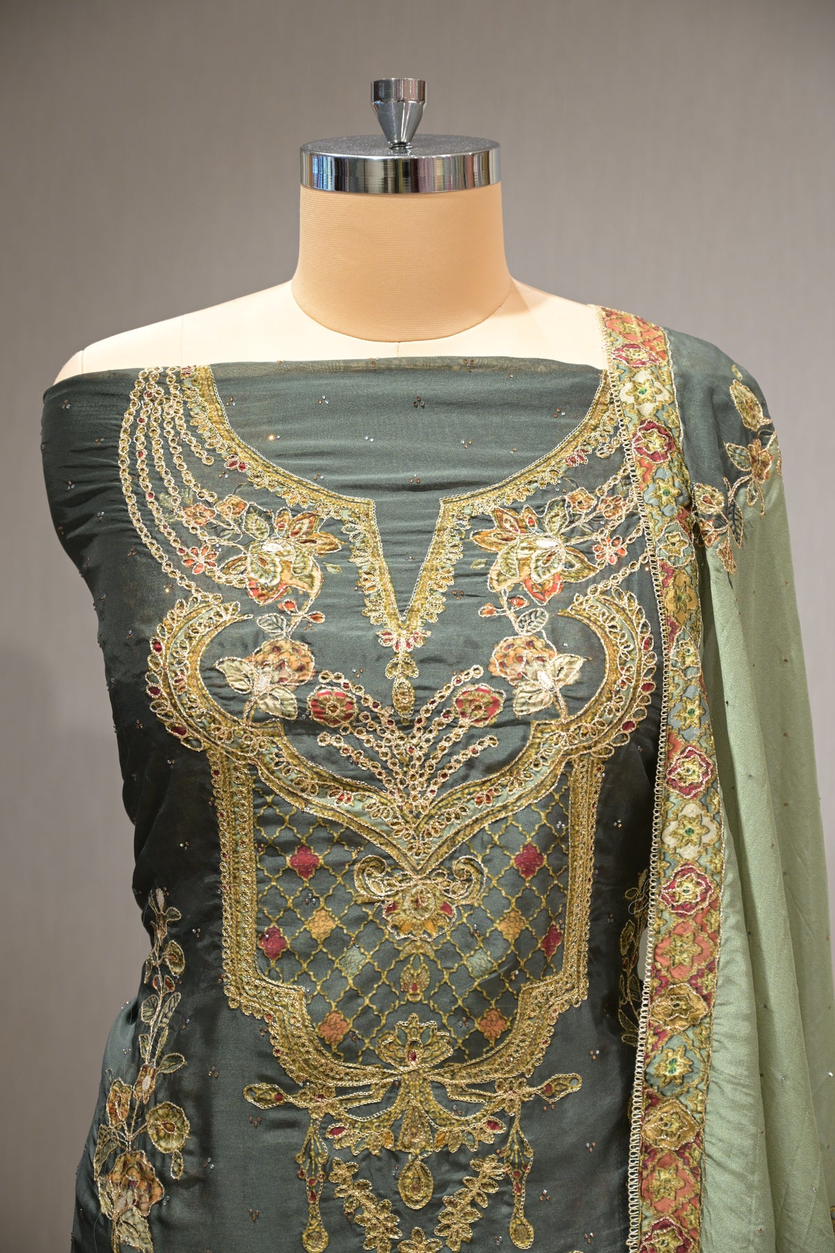 Pakistani Printed Tabby Silk Suit Set with Matching Tabby Silk  Dupatta