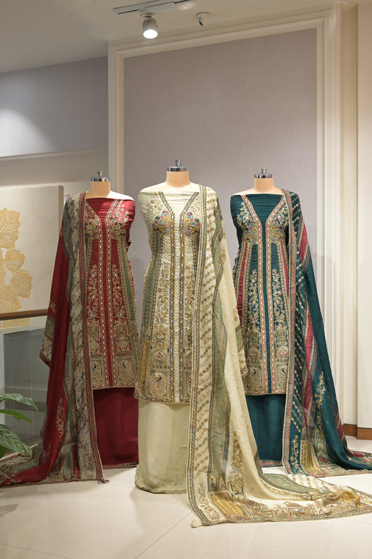 Pakistani Printed Tabby Silk Suit Set with Matching Tabby Silk Dupatta