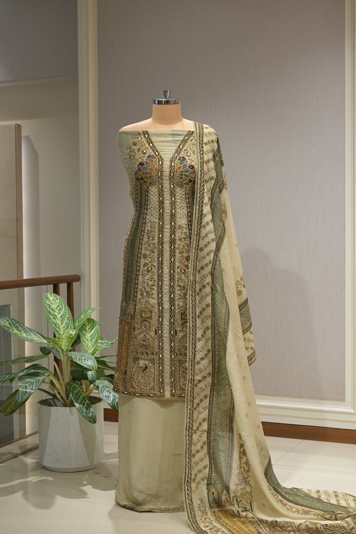 Pakistani Printed Tabby Silk Suit Set with Matching Tabby Silk Dupatta
