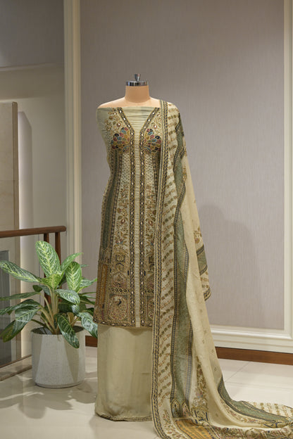 Pakistani Printed Tabby Silk Suit Set with Matching Tabby Silk Dupatta
