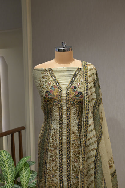 Pakistani Printed Tabby Silk Suit Set with Matching Tabby Silk Dupatta